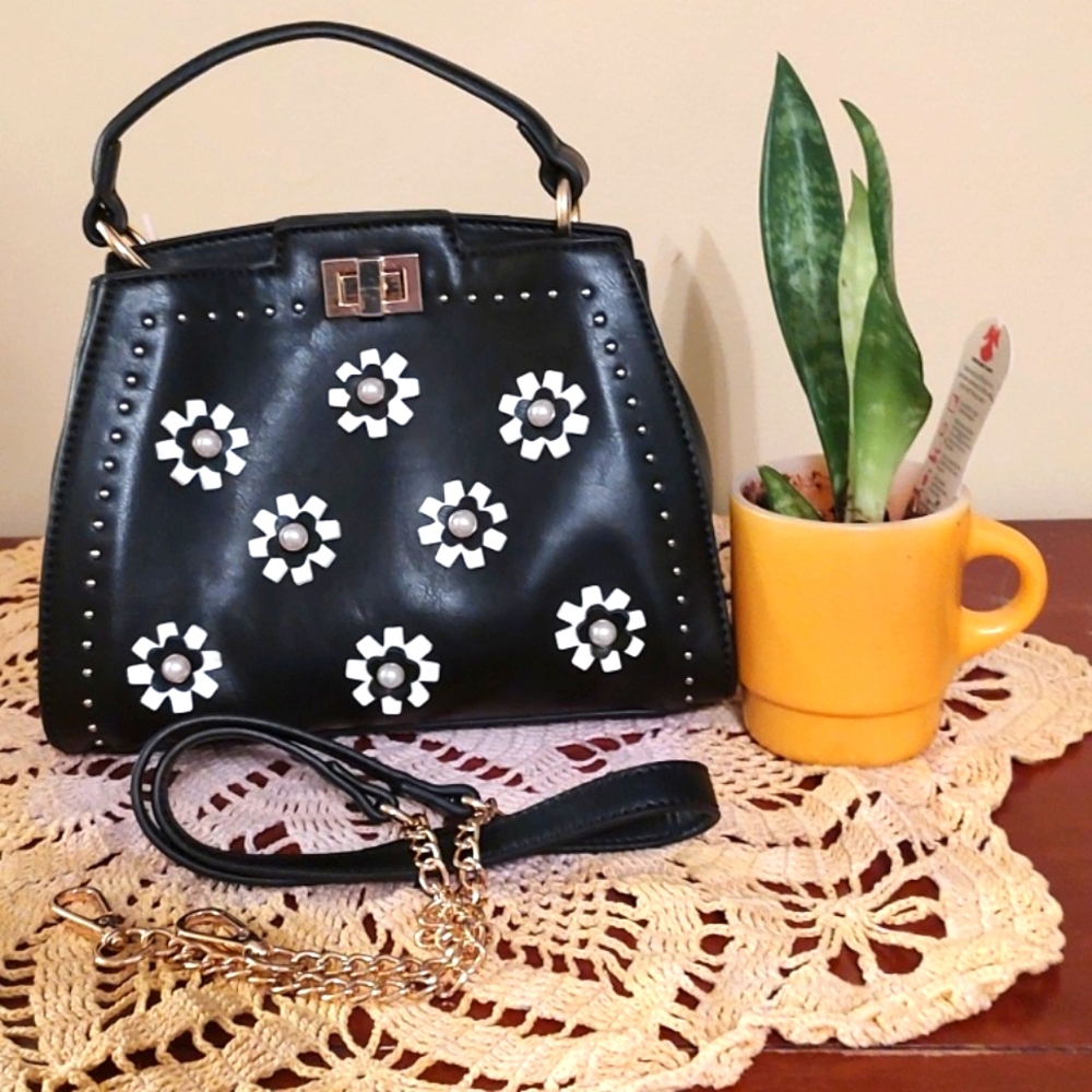 New Mellow World Black and Gold Vegan Leather "Pearls" Mini Crossbody